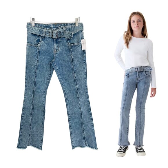 Gap Kids Jeans Girls 10 Plus Low Rise Belted Boot Medium Wash Blue Denim 499944 - Picture 1 of 13